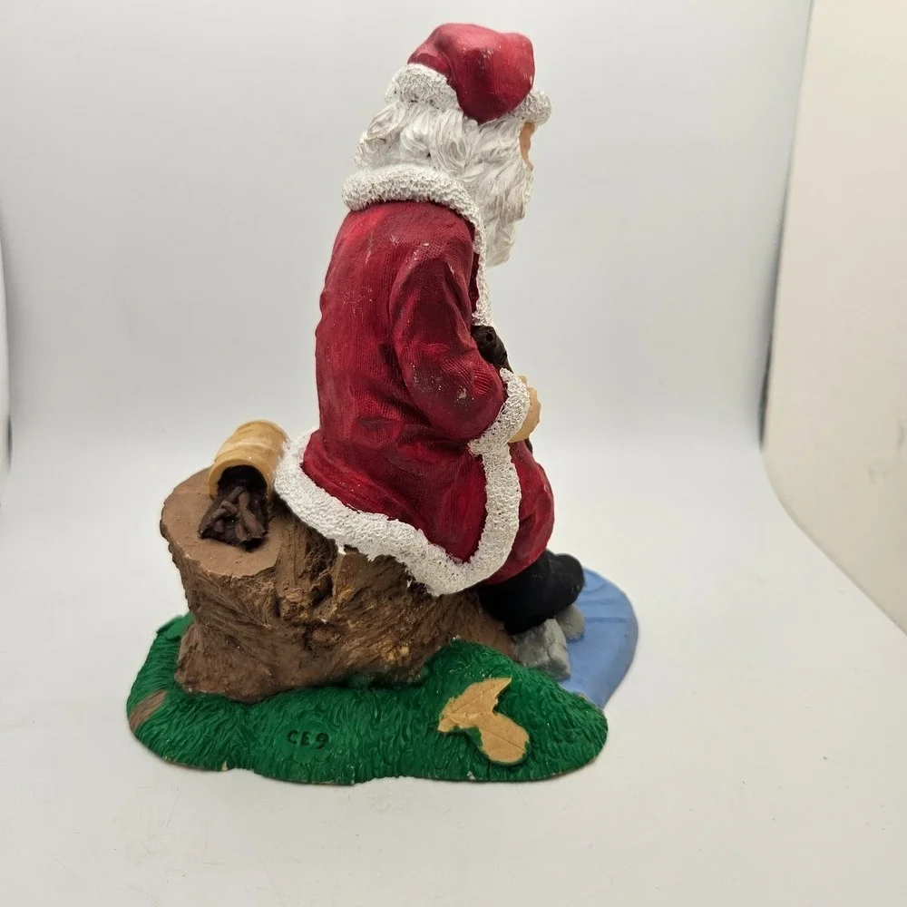 Vintage 1993 Sleeping Santa Claus Figurine Sitting on Tree Stump Creek Fishing